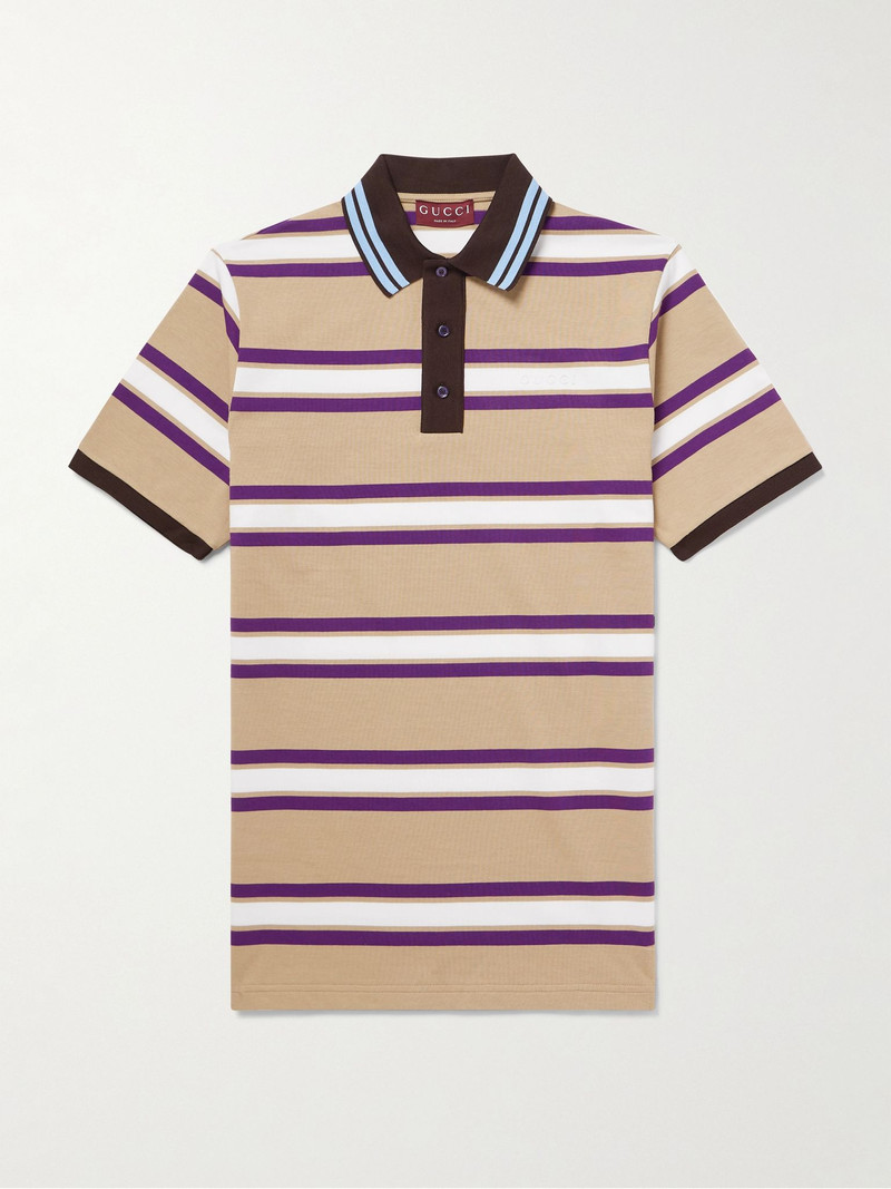 Logo-Embroidered Striped Cotton-Jersey Polo Shirt Beige 1
