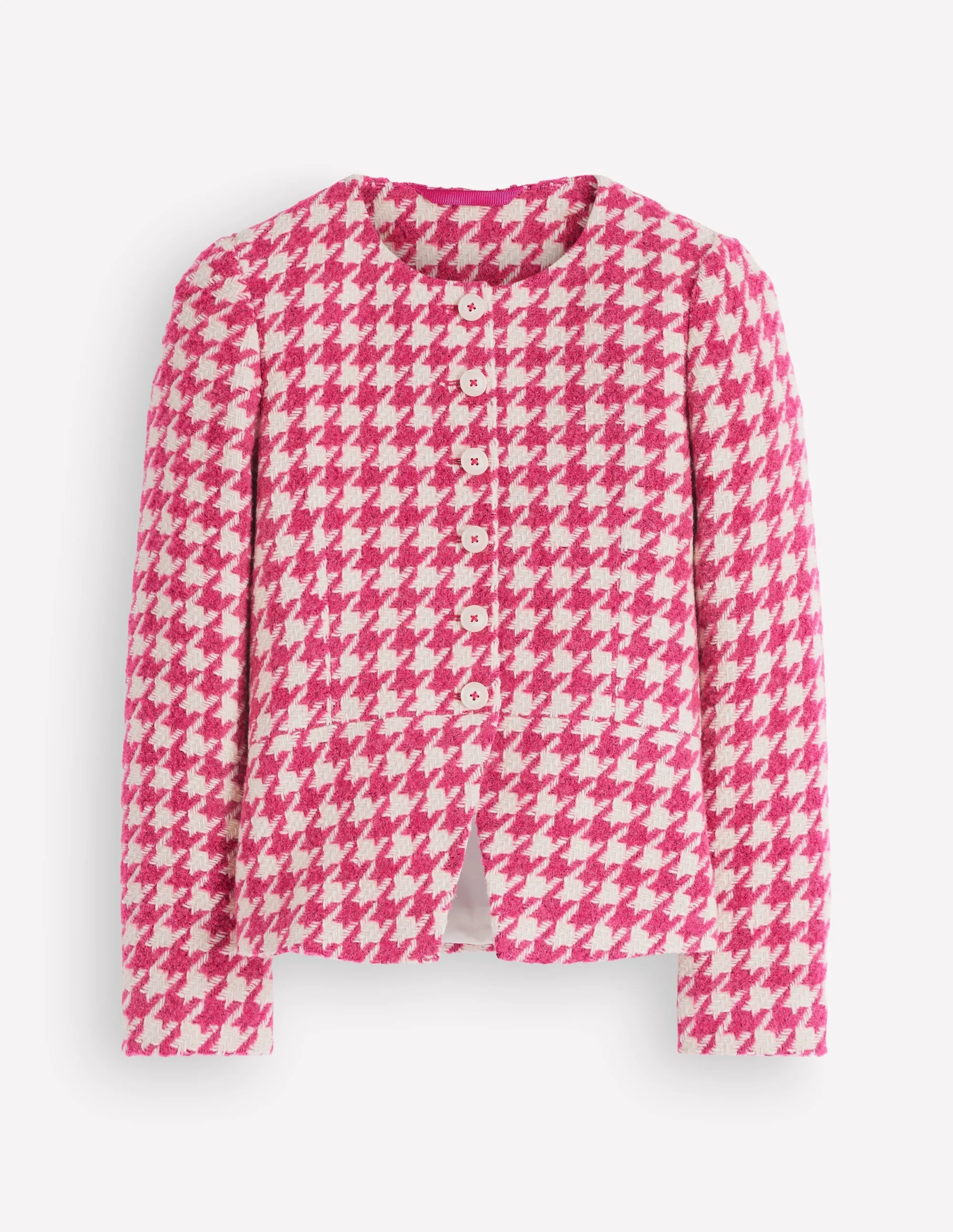 Collarless Wool Blend Blazer-Pink Dogstooth - 1