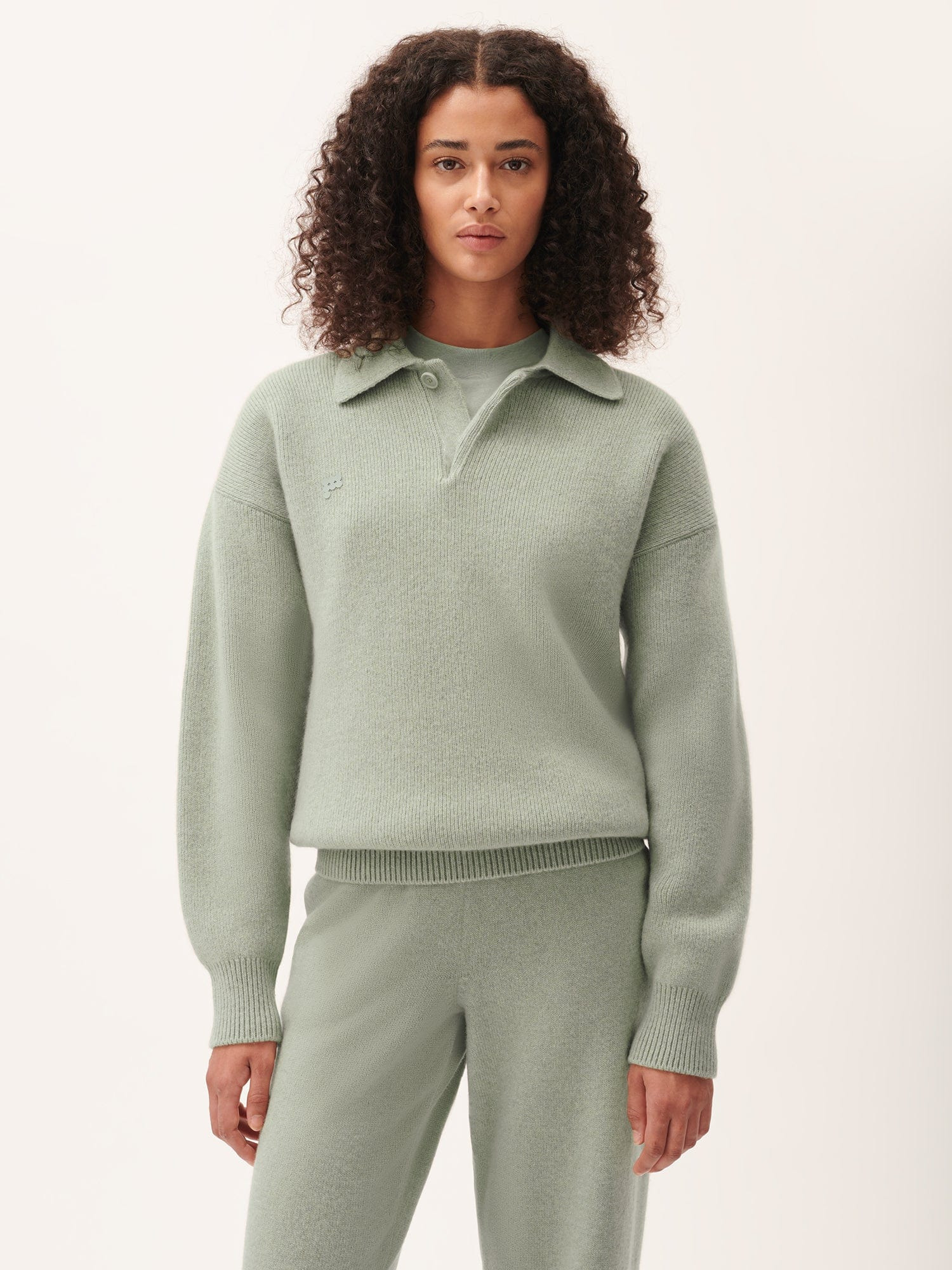 Womens DNA Recycled Cashmere Polo Sweater - Moss Green - 2