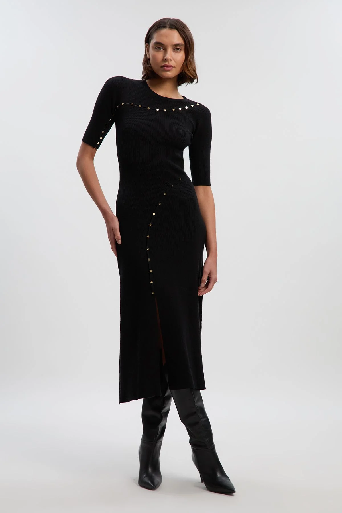 Viscose Blend Cut Out Trim Detail Knit Midi Dress - 1