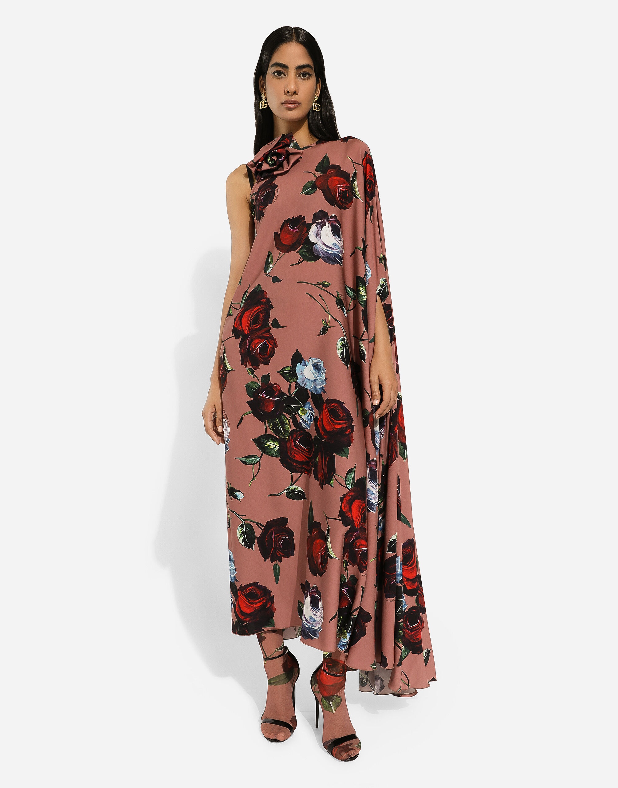 Asymmetrical charmeuse dress with vintage rose print - 5