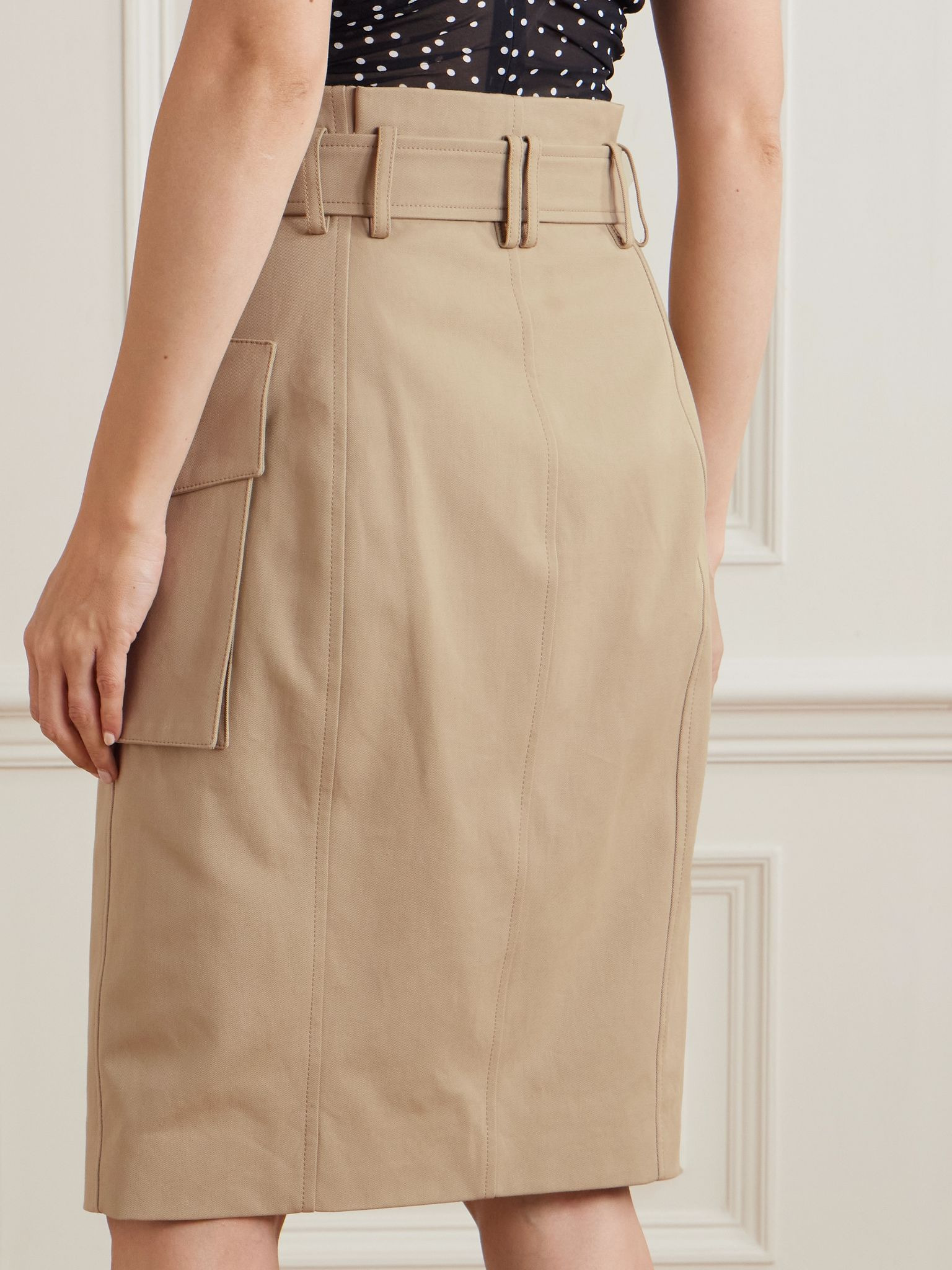 Belted wrap-effect button-embellished cotton-gabardine skirt Beige - 3