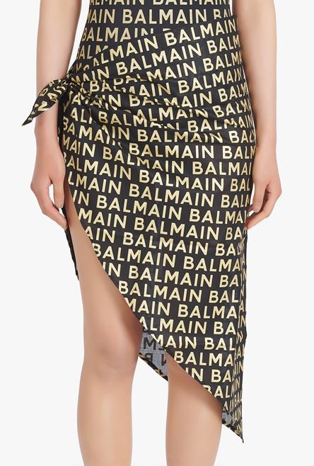 Black and gold cotton sarong with Balmain logo print - 5