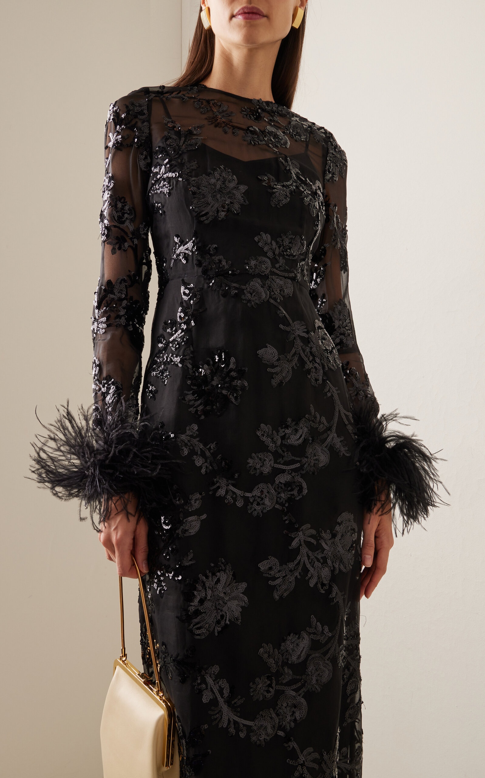 Ostrich-Trimmed Sequined Silk Maxi Dress black - 3