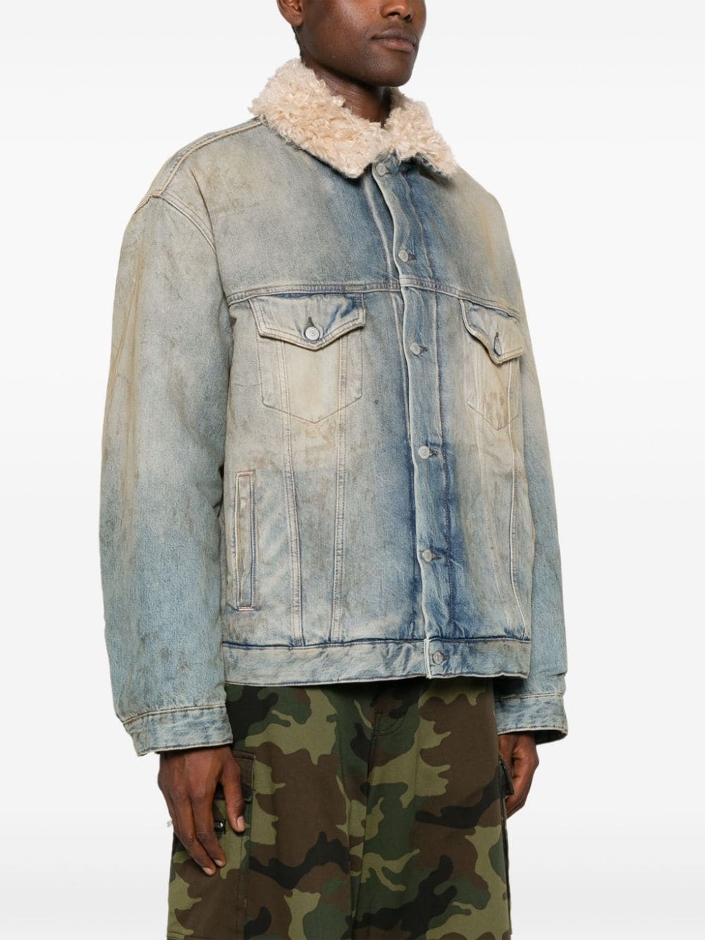 shearling-collar distressed denim jacket - 4