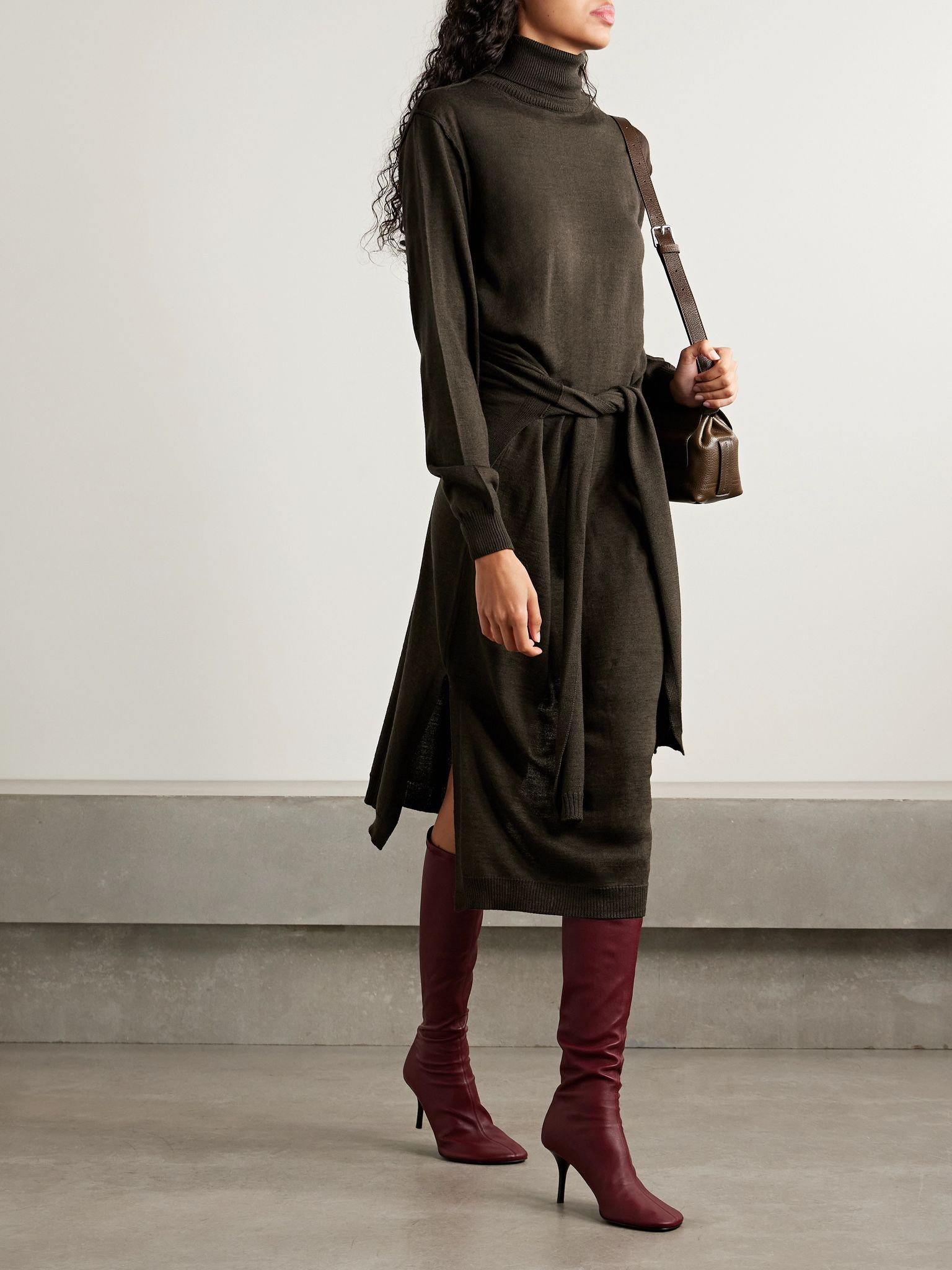 Belted wool-blend turtleneck midi dress Dark brown - 2