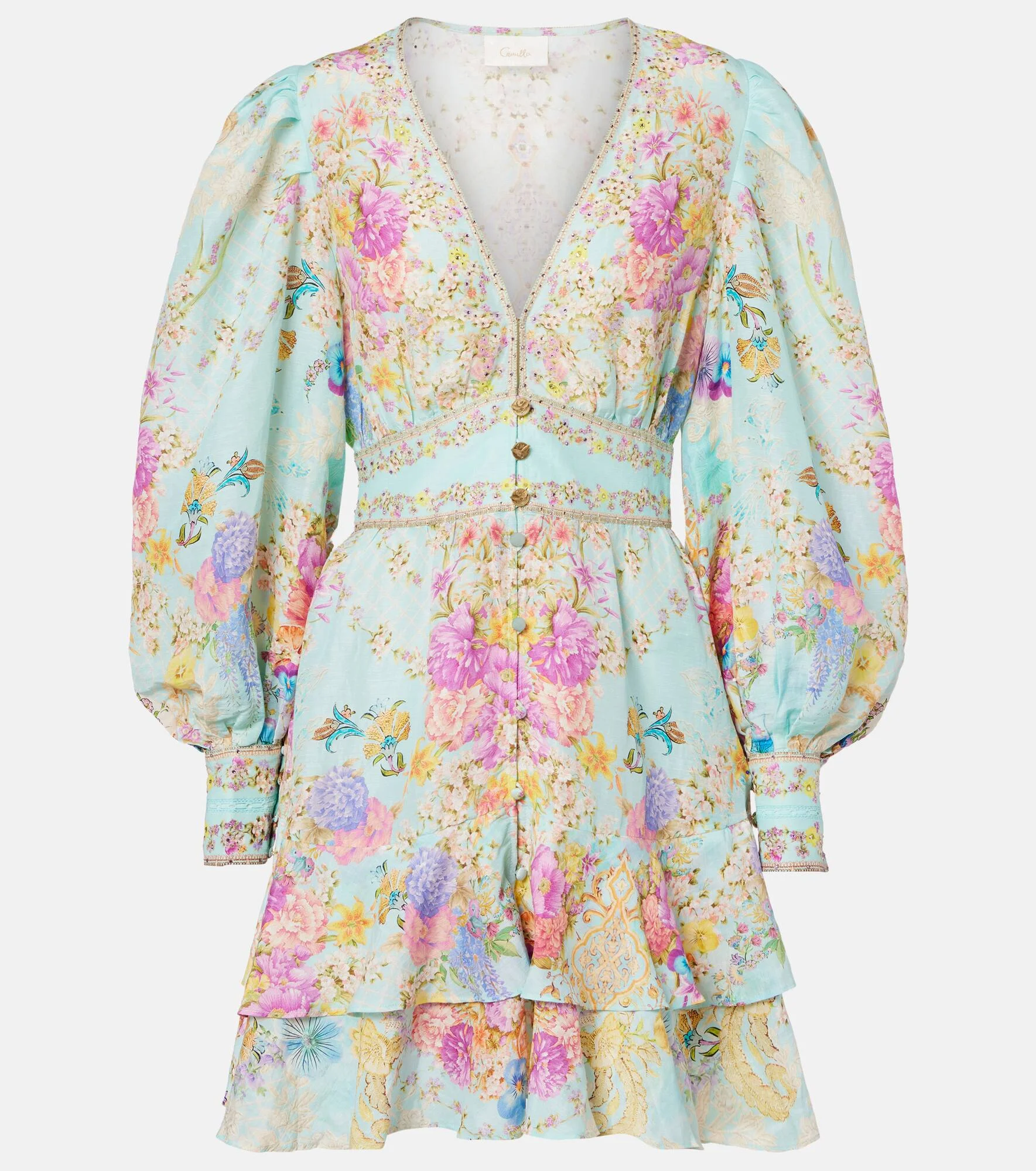 Embellished floral linen and silk minidress - 1