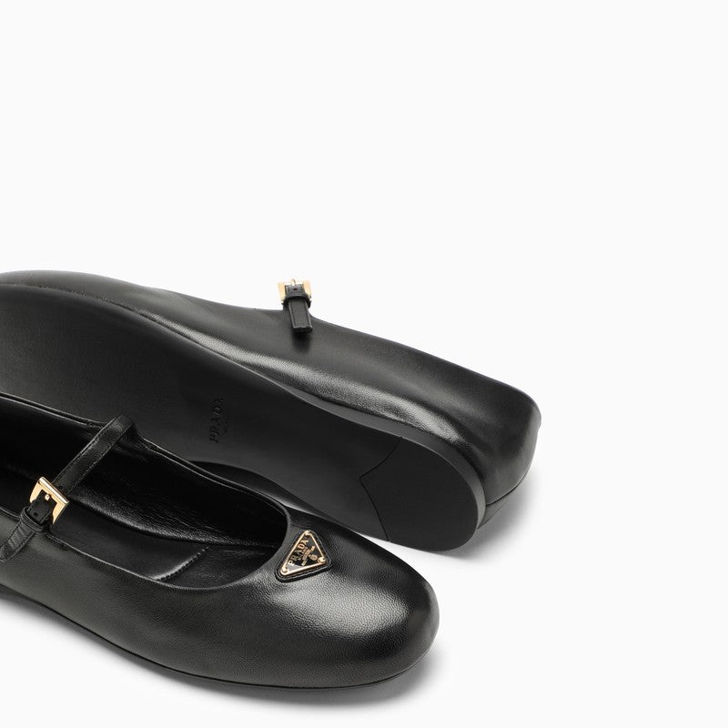 【PRADA】Black leather ballerina with logo triangle Prada Black Nappa Leather Triangle Silver Logo Ballet