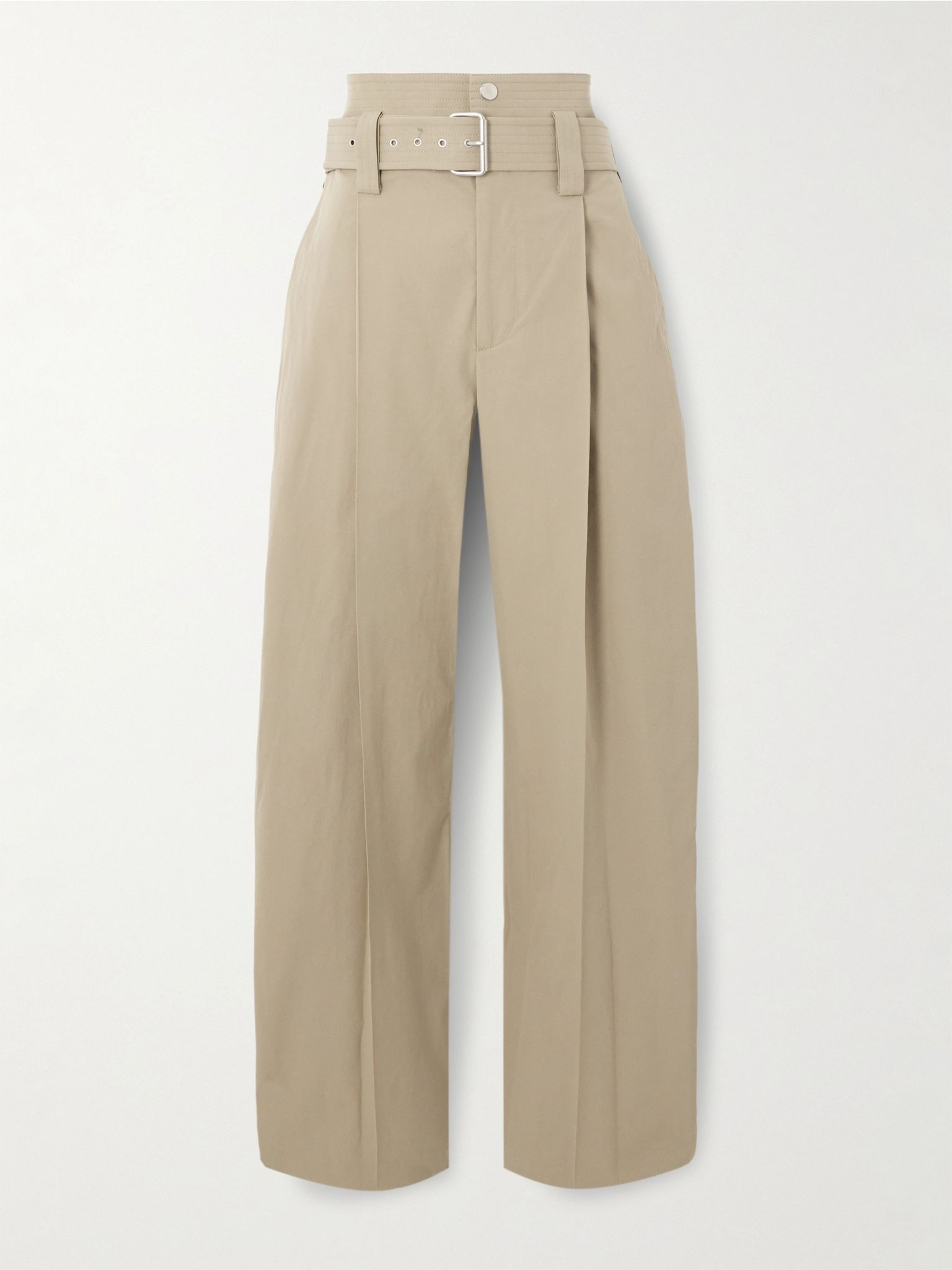 Belted pleated cotton-blend straight-leg pants Beige - 1