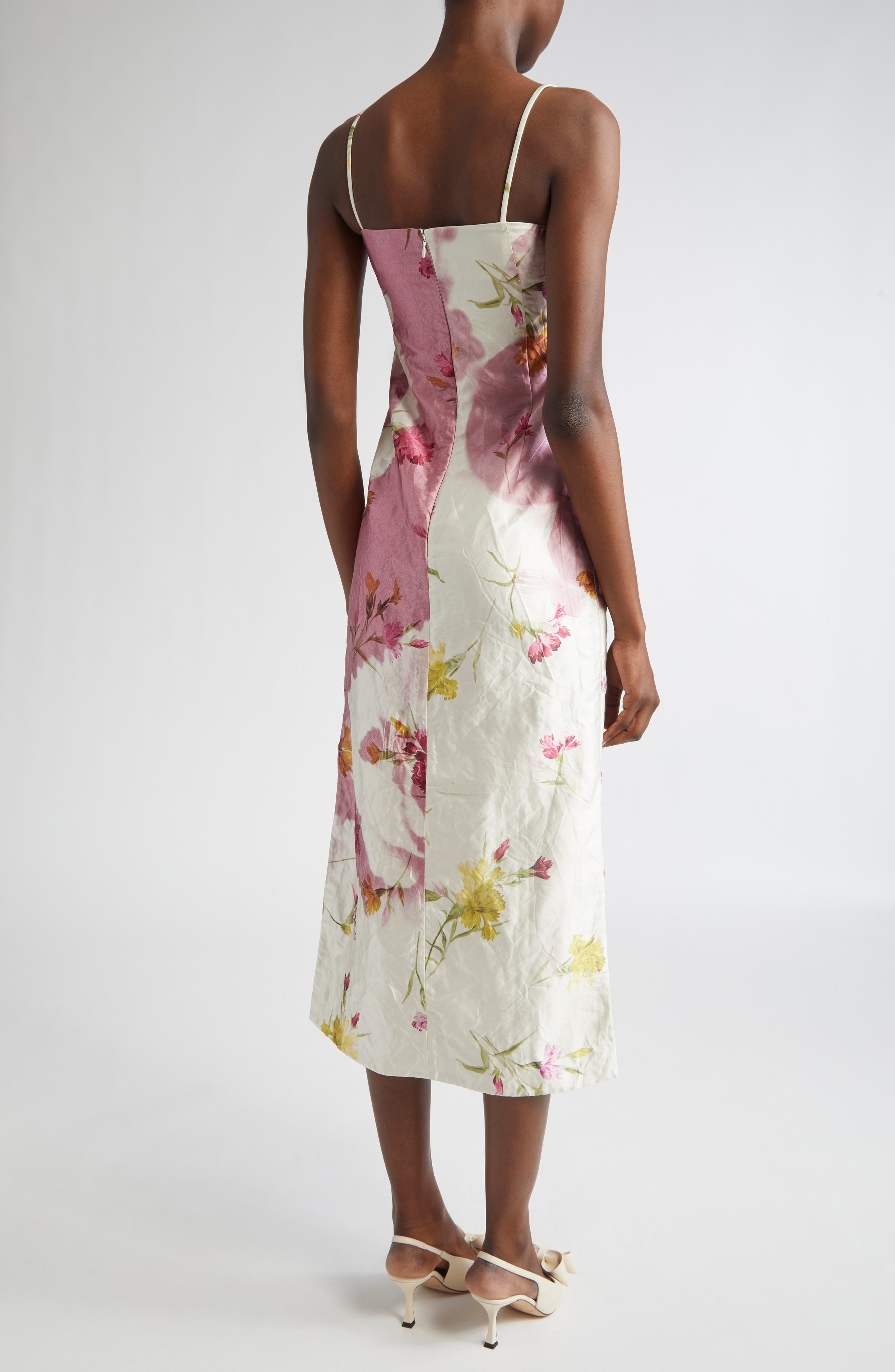 Erdem Dancing Carnation Print Rumpled Satin Draped Cocktail Dress in Dancing Carnation Cinder Rose a - 2
