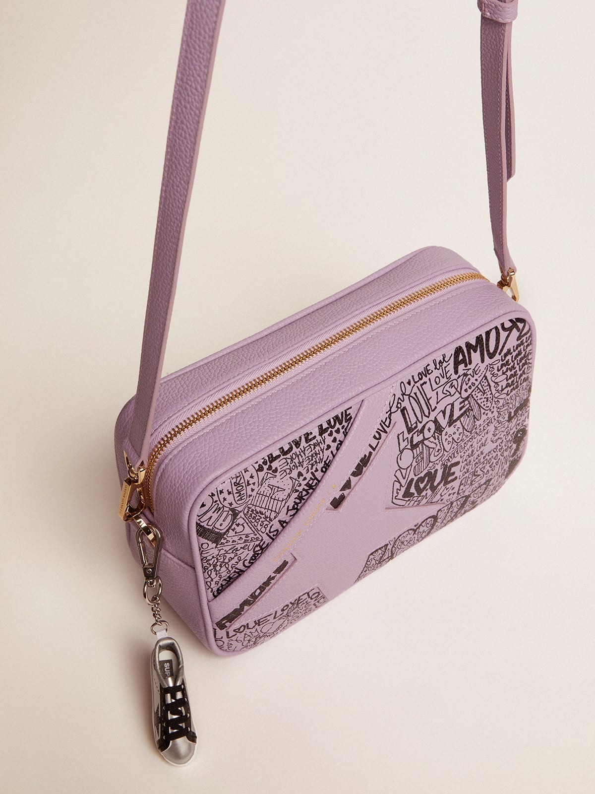 Lilac hammered leather Star Bag with tone-on-tone leather star and black all-over graffiti print - 5
