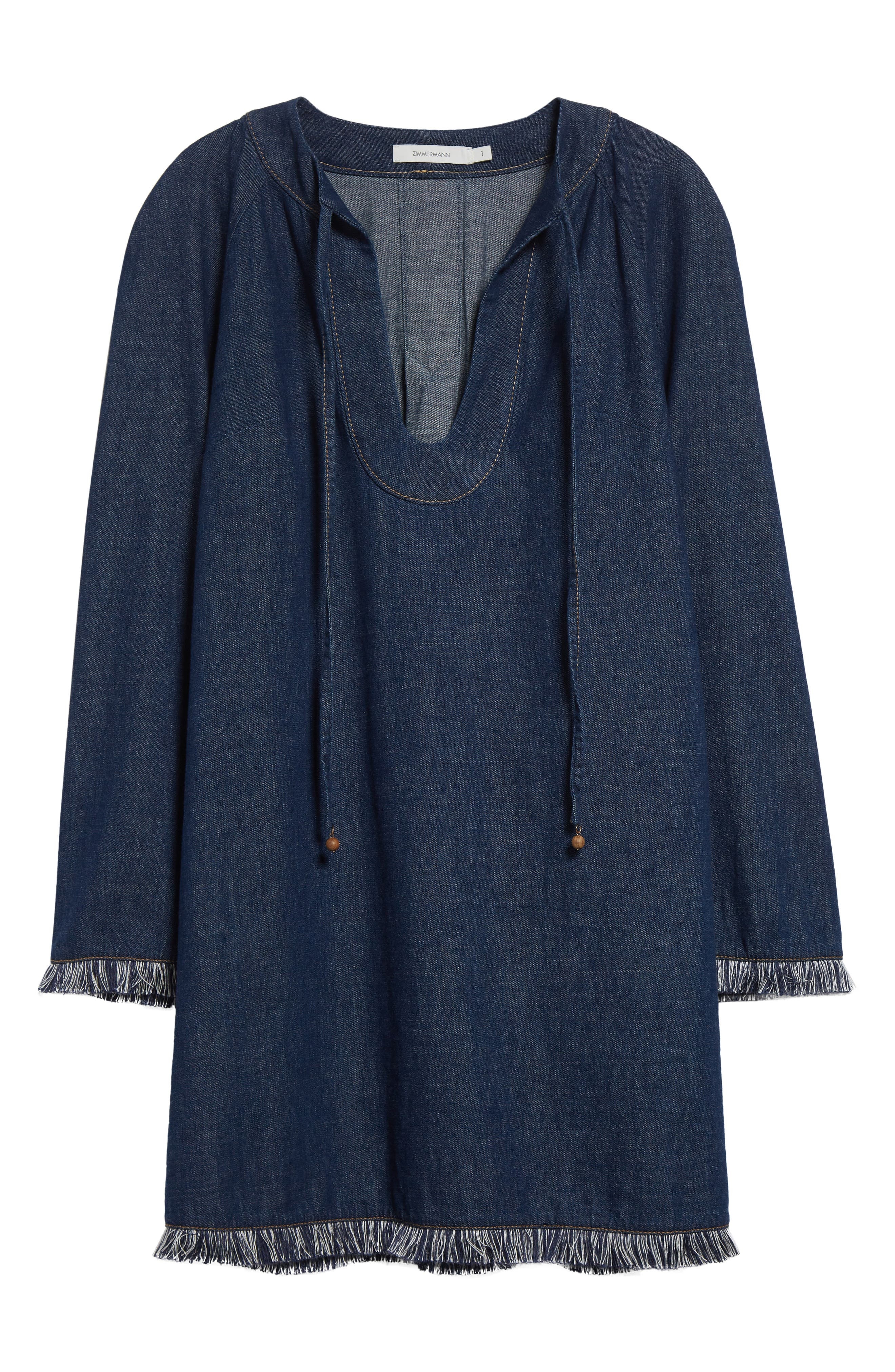 Zimmermann Rhiannon Long Sleeve Fringe Trim Denim Minidress in Atlantic at Nordstrom - 5