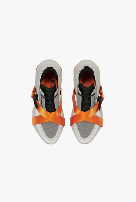 Gray and orange leather and knit B-Bold low-top sneakers with straps - 4