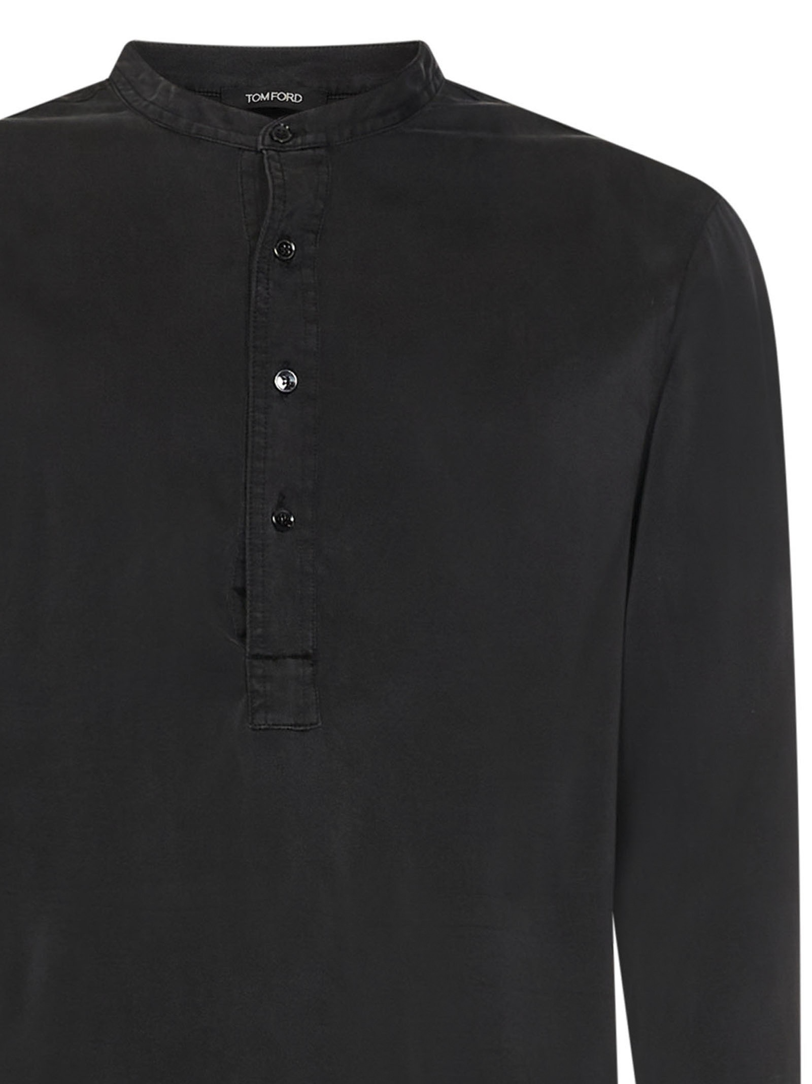 Henley pajama shirt in black stretch silk with logoed label on the bottom and side slits. - 3