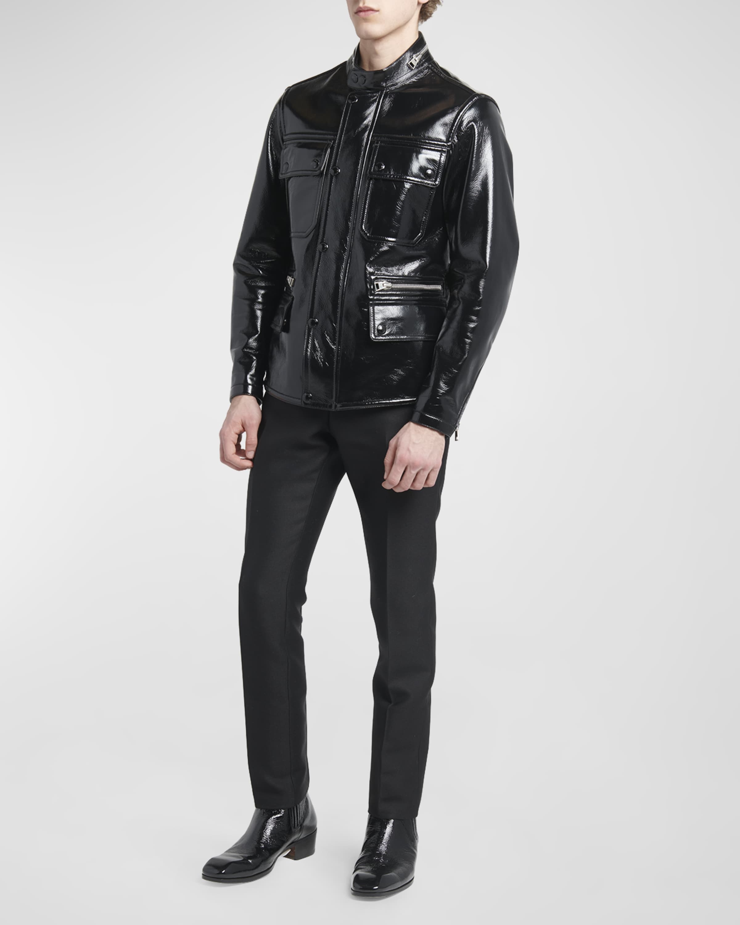 Men's Shiny Crackled Leather Motorcycle Jacket - 3