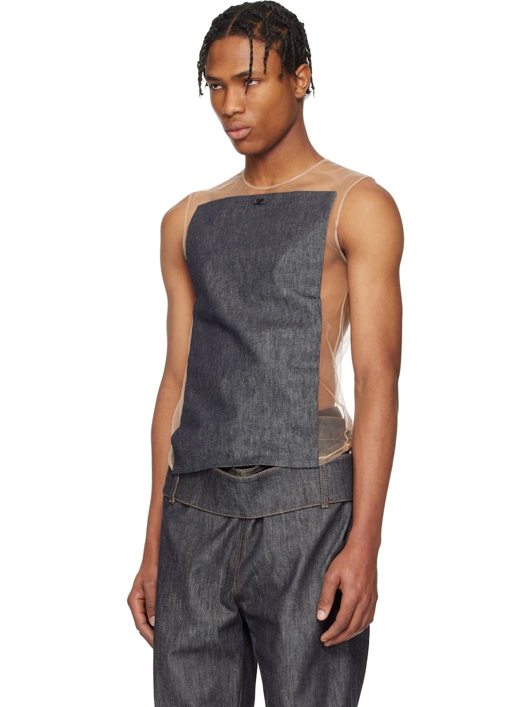 Beige & Gray Illusion Square Denim Tank Top - 4