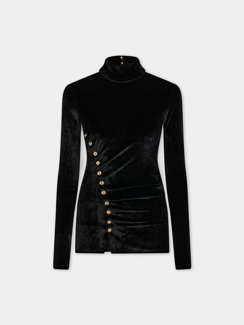BLACK LONG-SLEEVED DRAPE TOP IN VELVET - 1