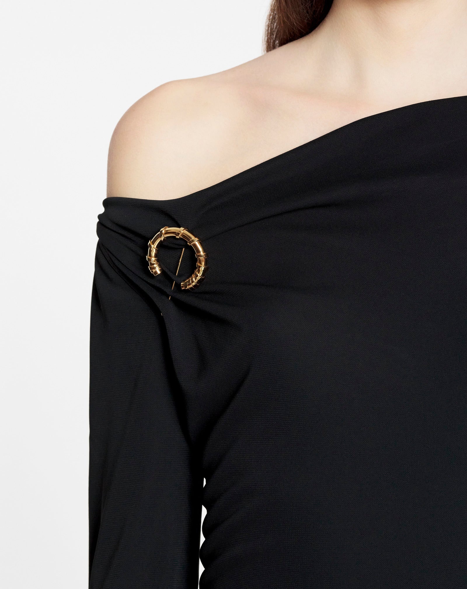 ASYMETRIC TOP LONG SLEEVE DRAPED MIDI DRESS IN FLUID CREPE - 4
