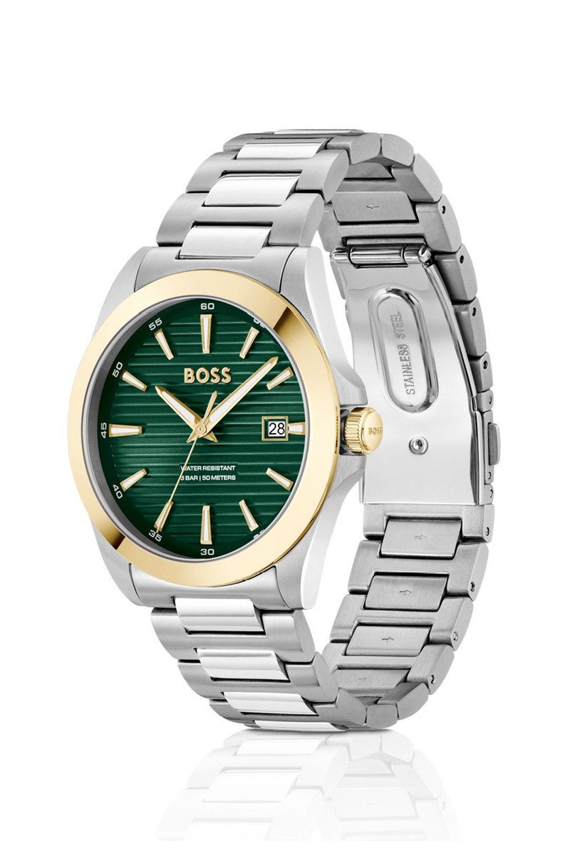 BOSS GOLD- AND SILVER-TONE WATCH WITH GREEN GROOVED DIAL outlook