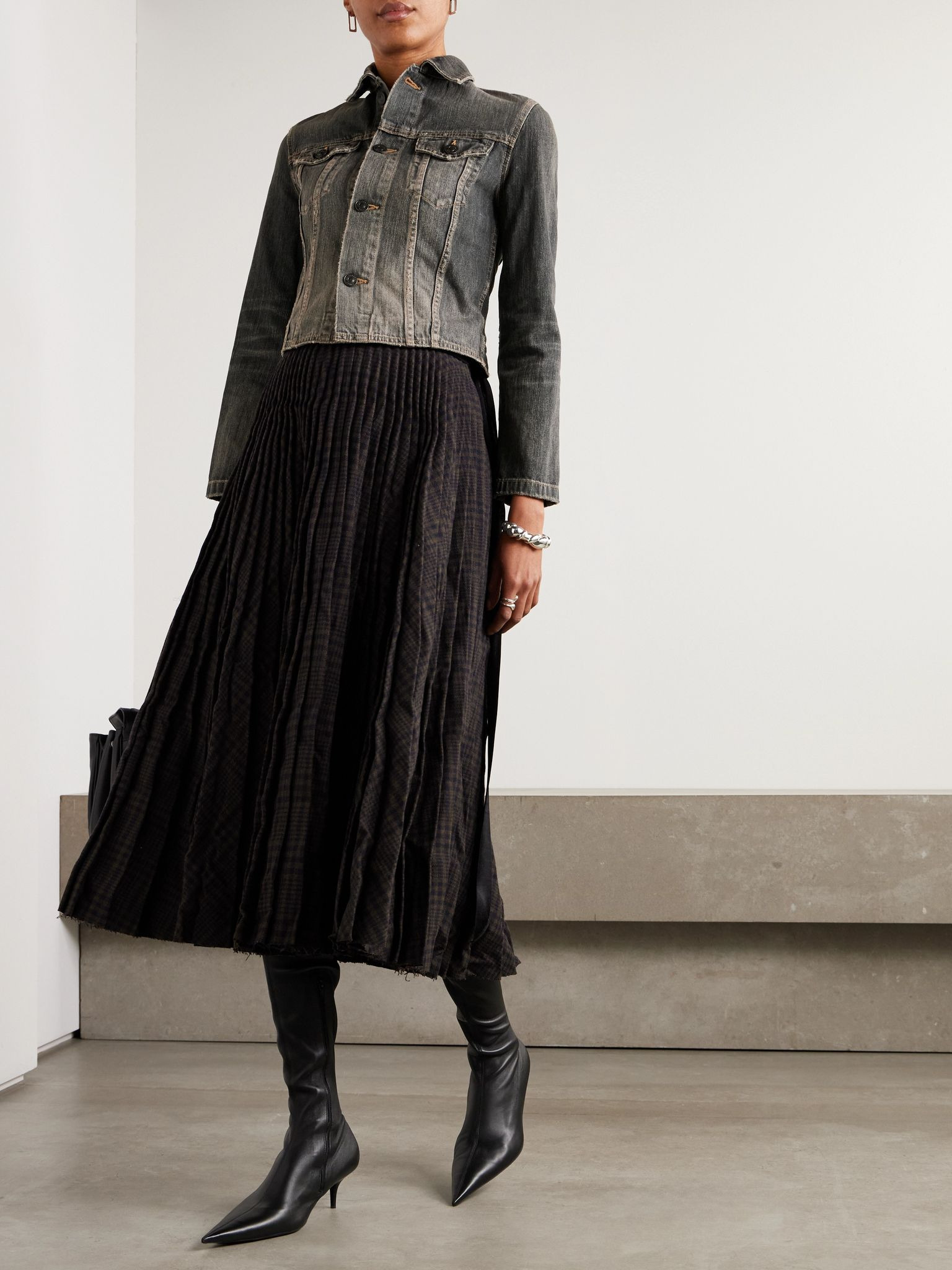 Lace-up satin-trimmed denim jacket Dark gray - 2