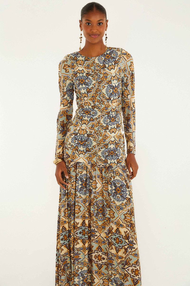 FARM RIO Blue Winter Tapestry Long Sleeve Maxi Dress outlook