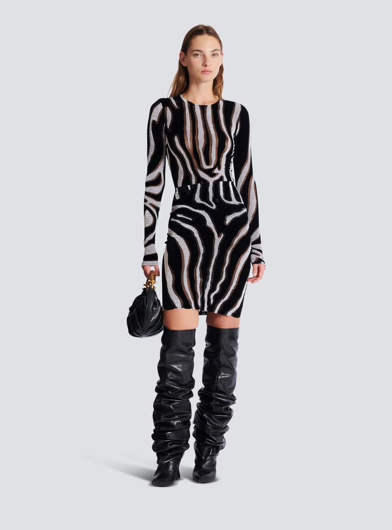 Balmain Zebra-print velvet pencil skirt outlook