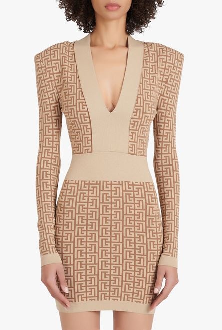 Short brown and gold knit dress with Balmain monogram - 5