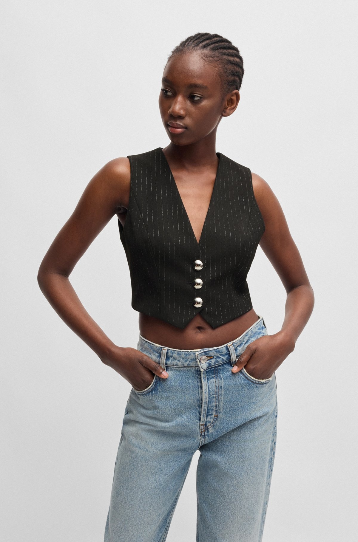 SLIM-FIT CROPPED WAISTCOAT WITH SPARKLE PINSTRIPE - 2