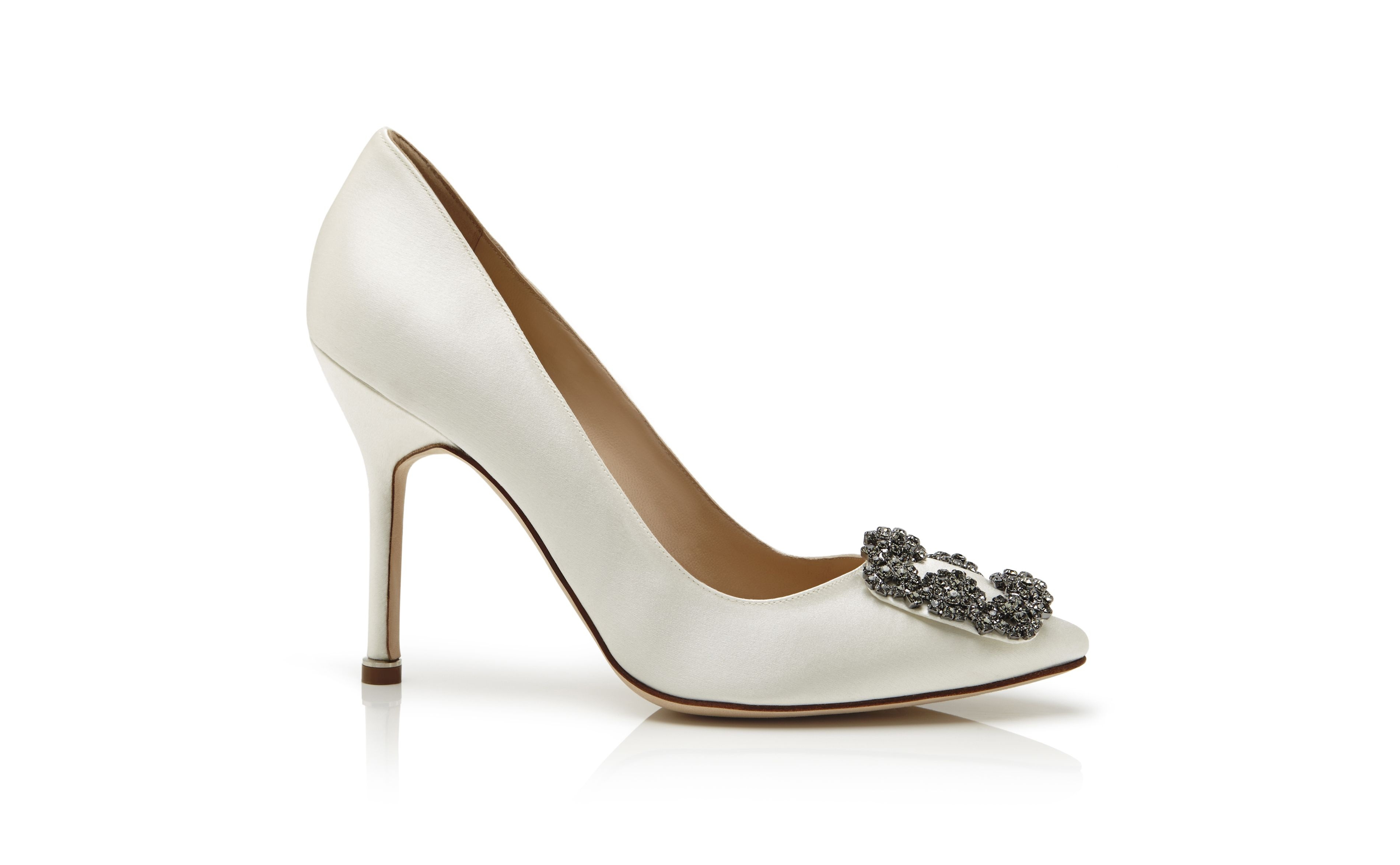 White Satin Jewel Buckle Pumps - 1