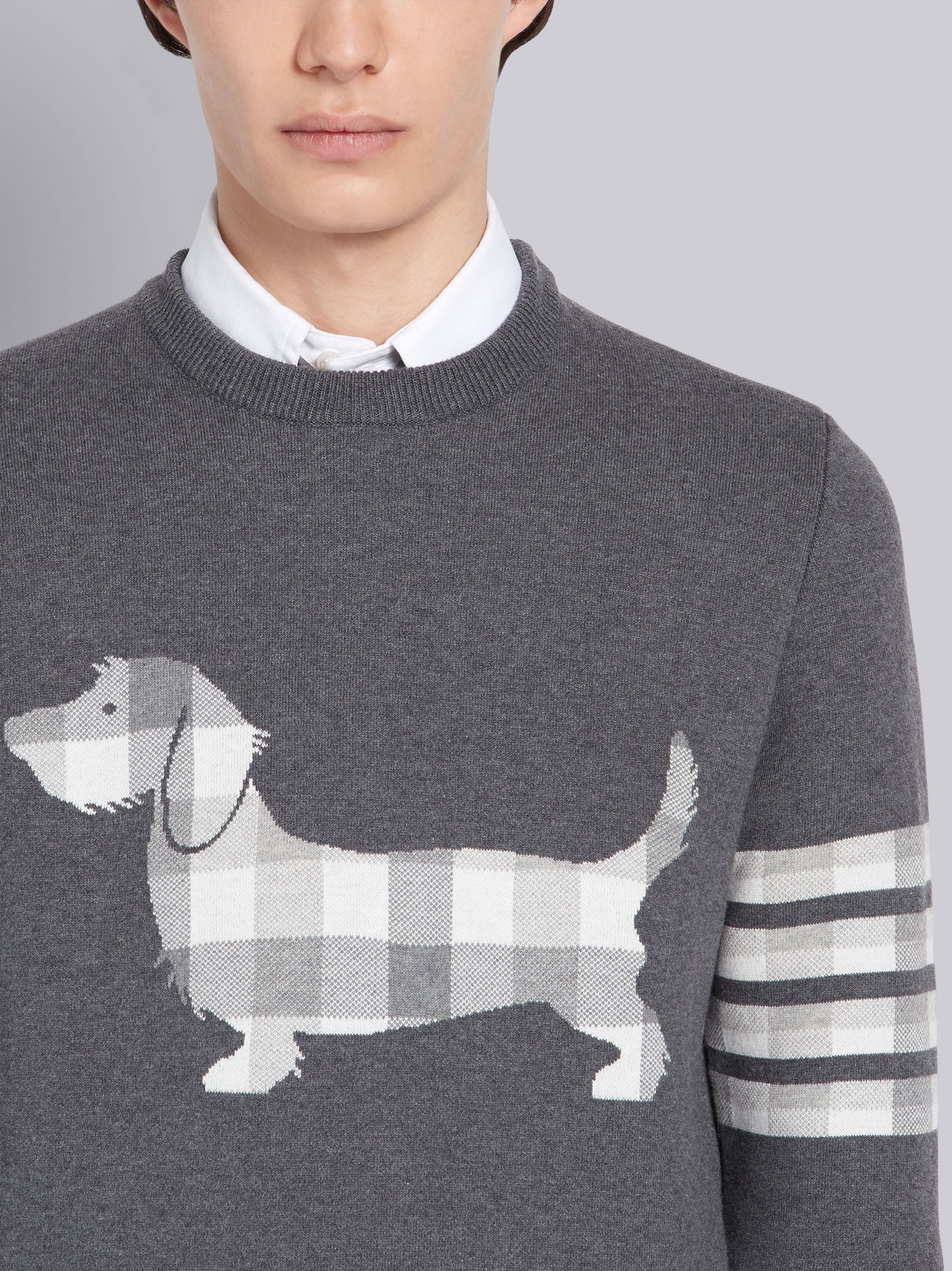 Medium Grey Cotton Crepe Buffalo Check Jacquard Hector Icon Crewneck 4-Bar Pullover - 5