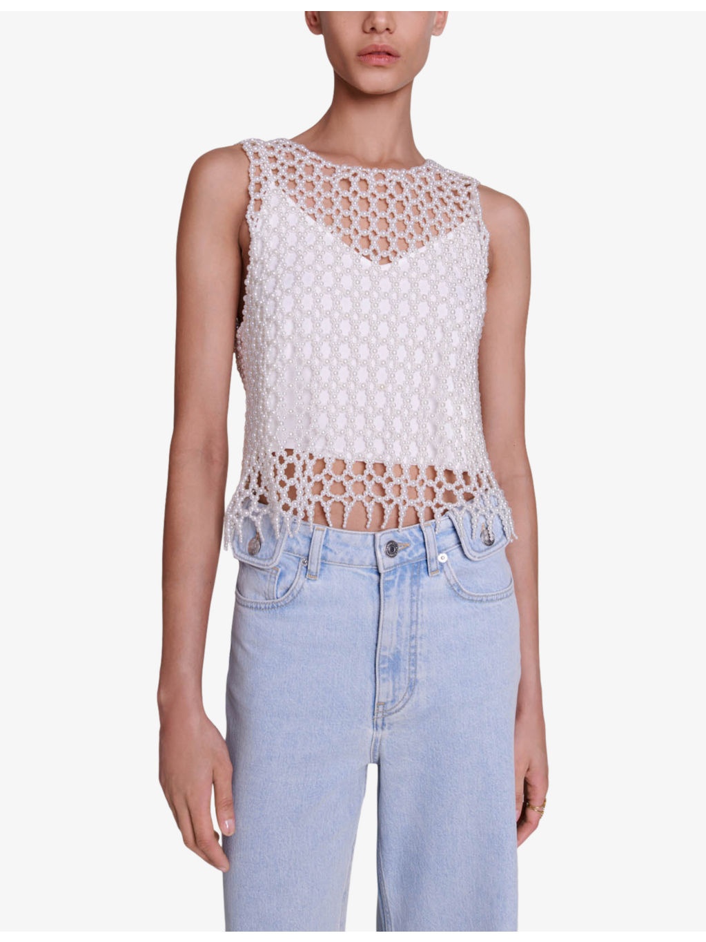 Bead-embellished cropped stretch-woven top - 3