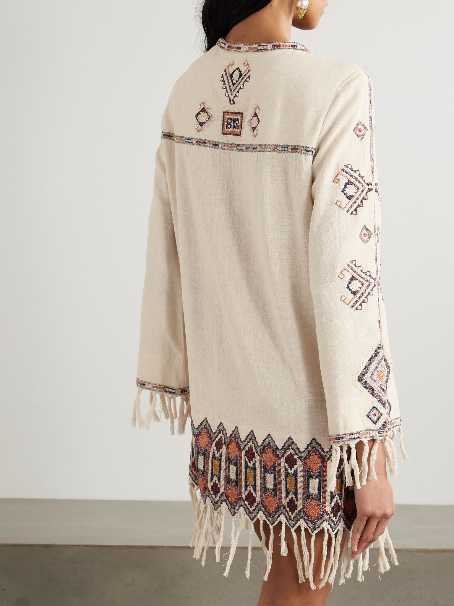 Zayana fringed embellished embroidered silk-gauze mini dress Ecru - 3
