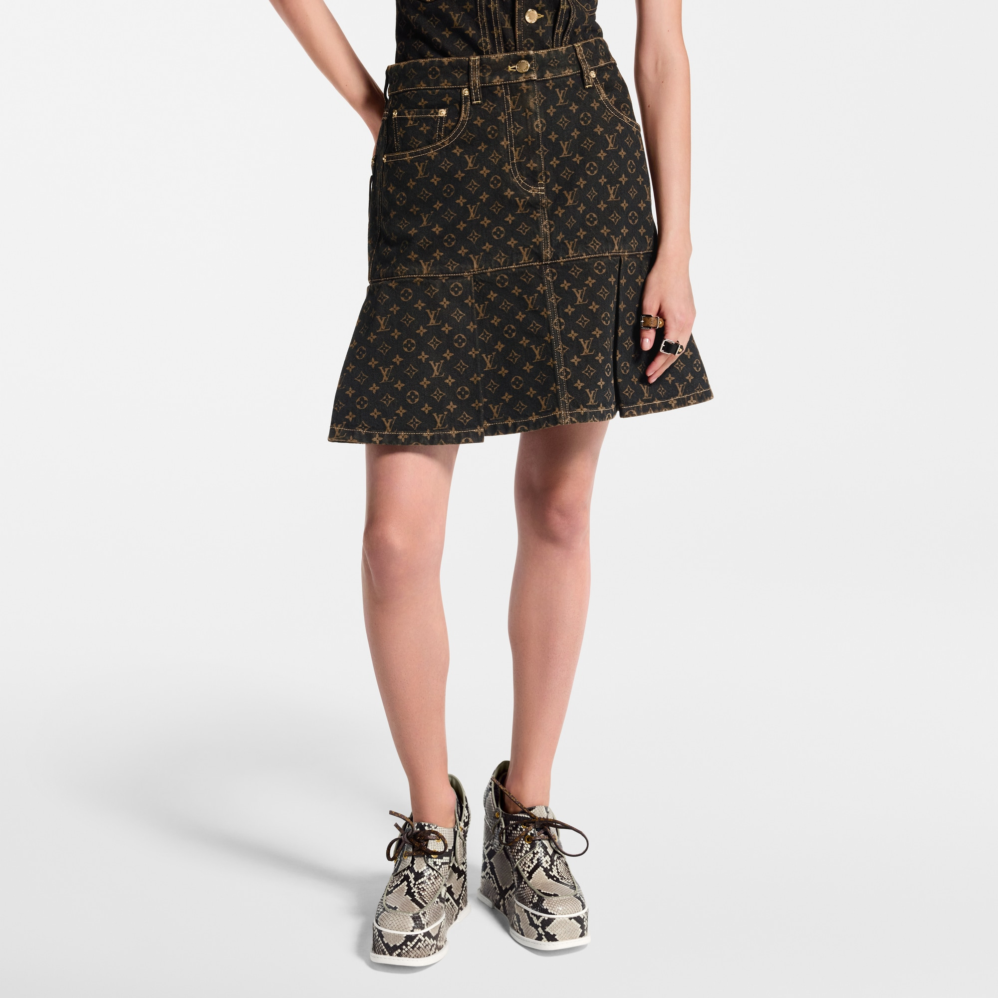 Monogram Denim Pleat Skirt - 4