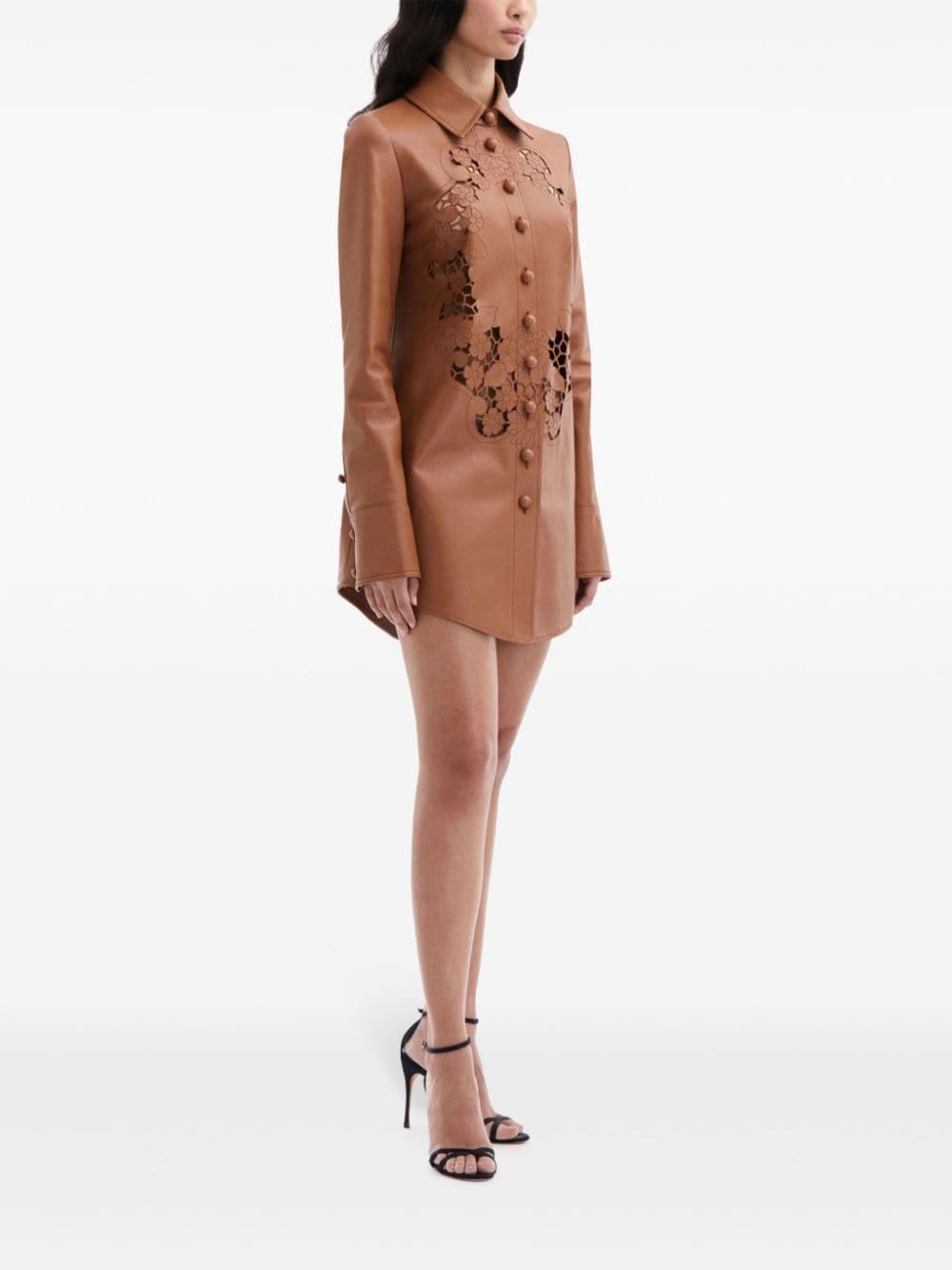 laser-cut floral leather shirt dress - 3