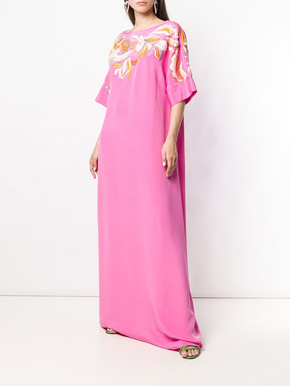 Floral Embroidered Silk Kaftan Dress - 2