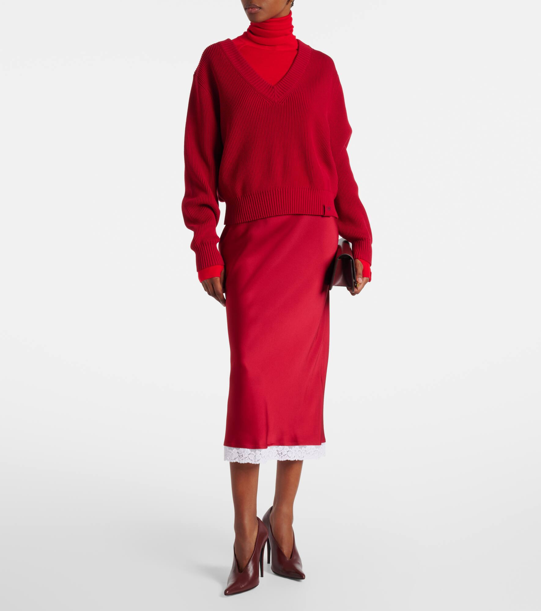 Lace-trimmed satin midi skirt - 2