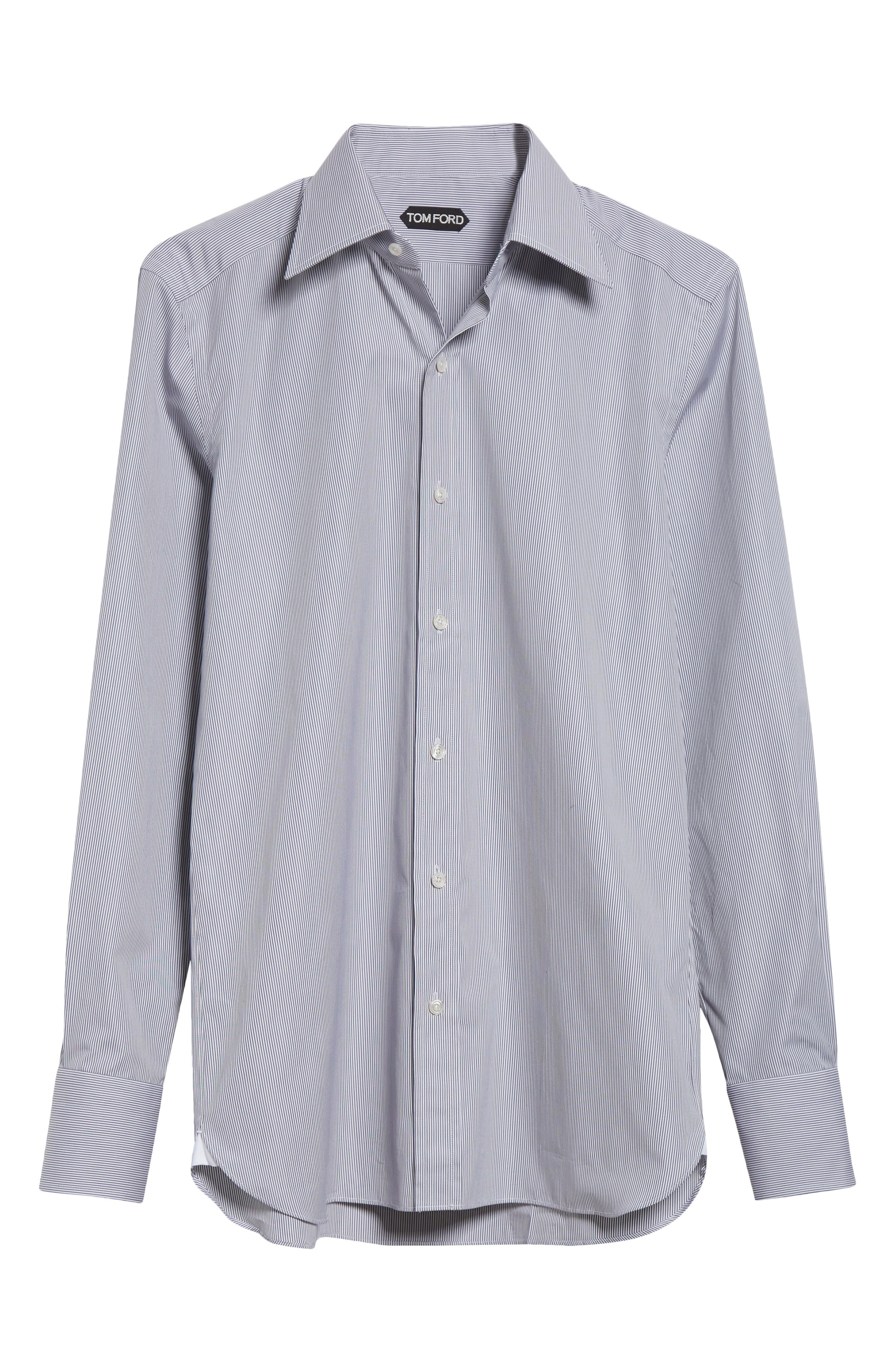 TOM FORD Classic Fit Stripe Peached Cotton Button-Up Shirt in White/Light Grey at Nordstrom - 5