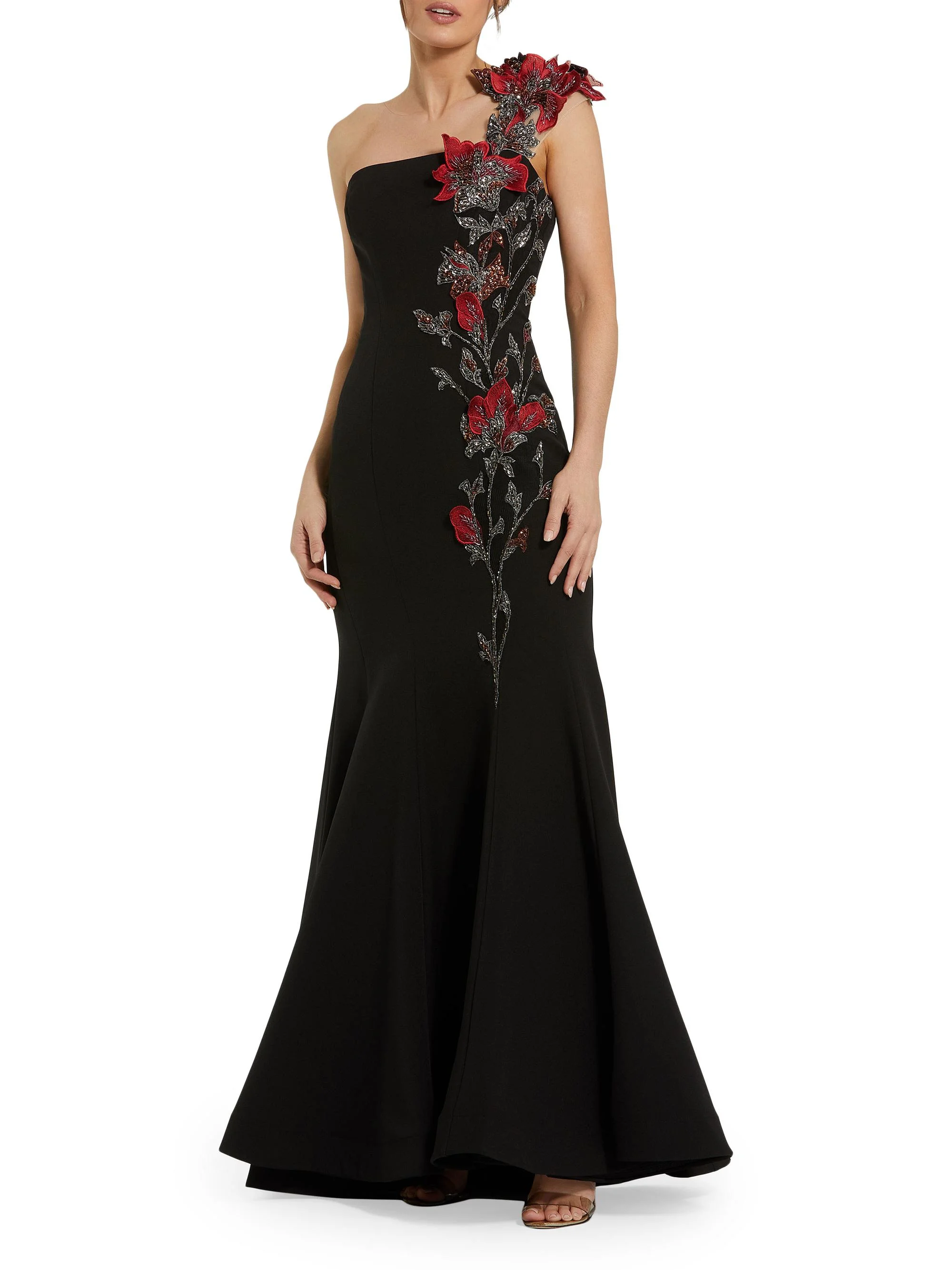 Women's Embellished Floral Crepe Mermaid Gown - Black Multi - 1