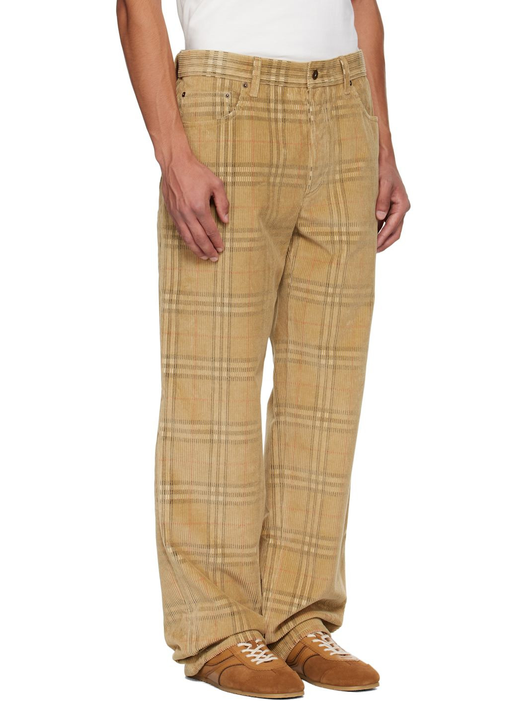 Beige Check Corduroy Trousers - 2