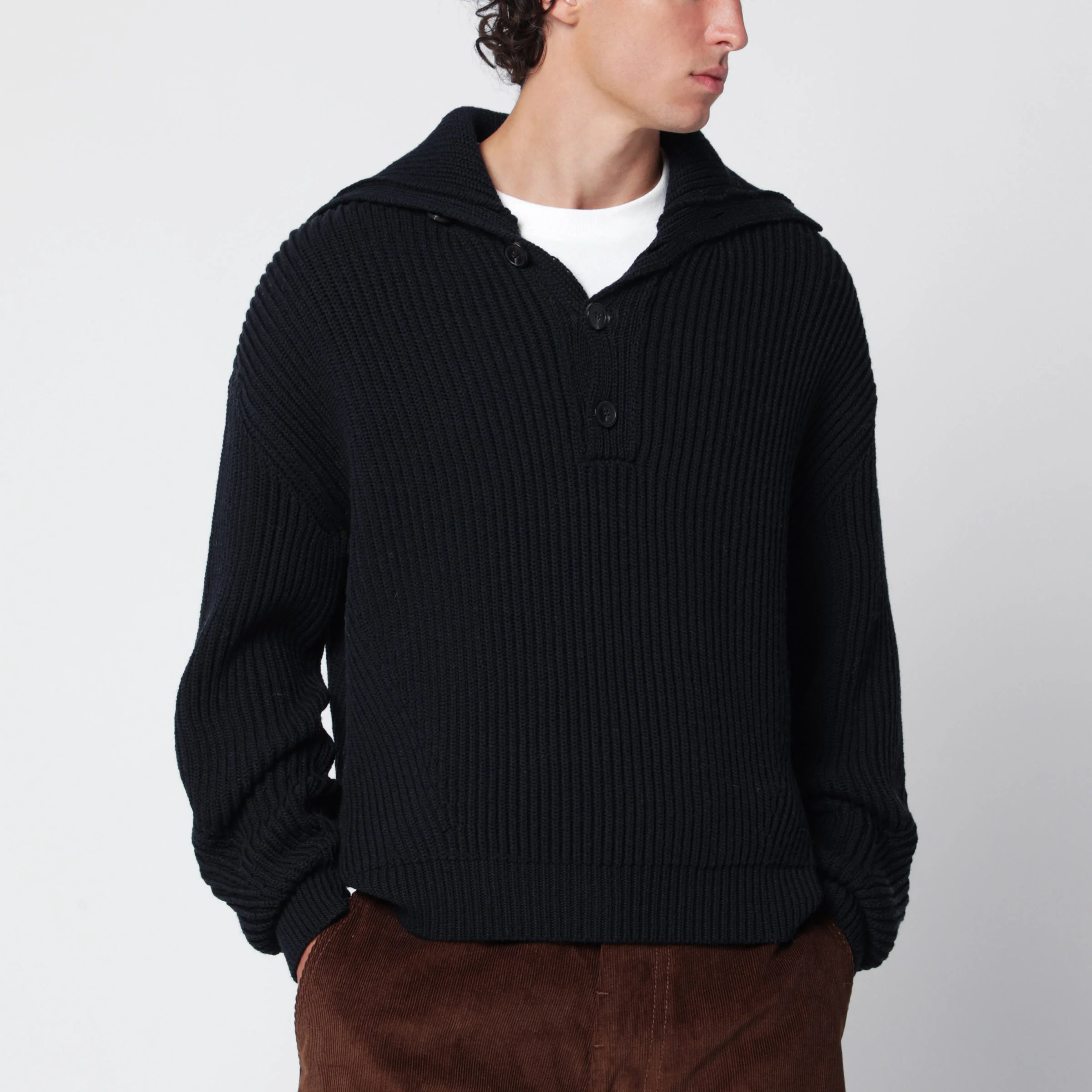 Navy blue ribbed sweater in wool - 1
