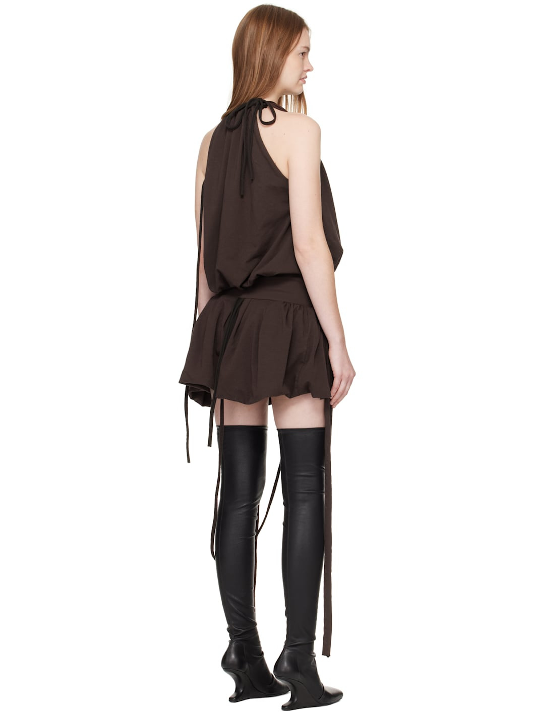 Brown Jersey Neckholder Balloon Minidress - 3