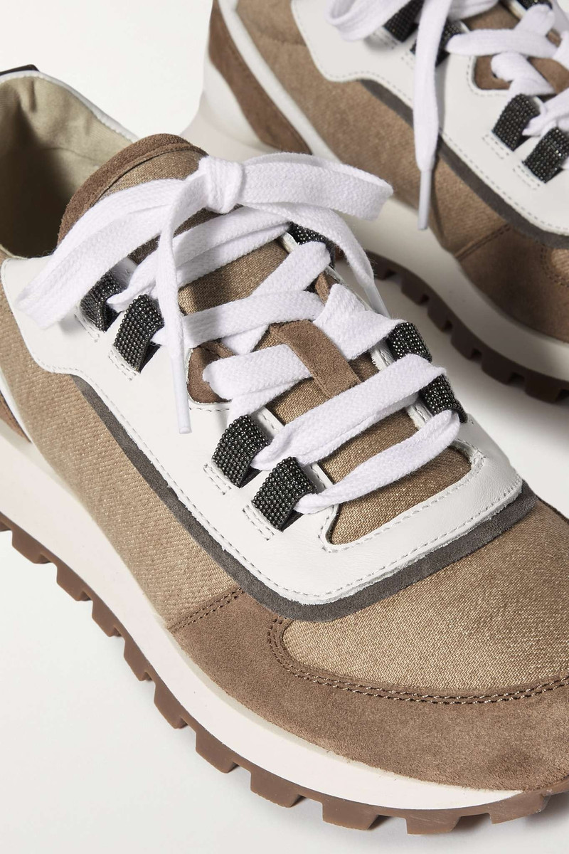 Shearling-trimmed bead-embellished suede and leather sneakers 4