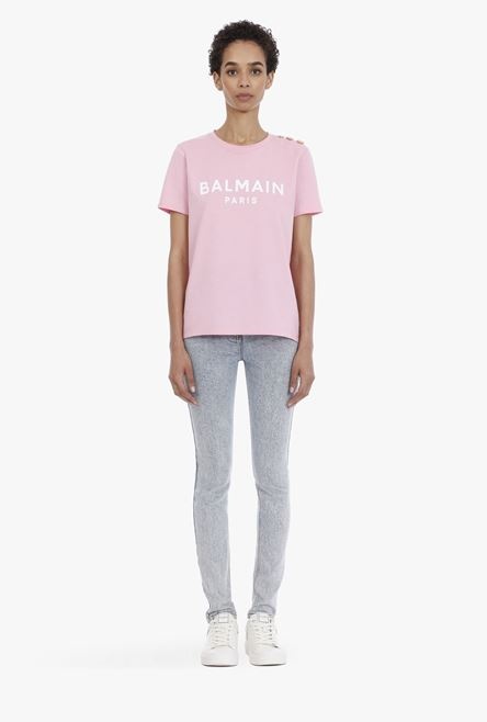 Pink cotton T-shirt with flocked white Balmain logo - 4
