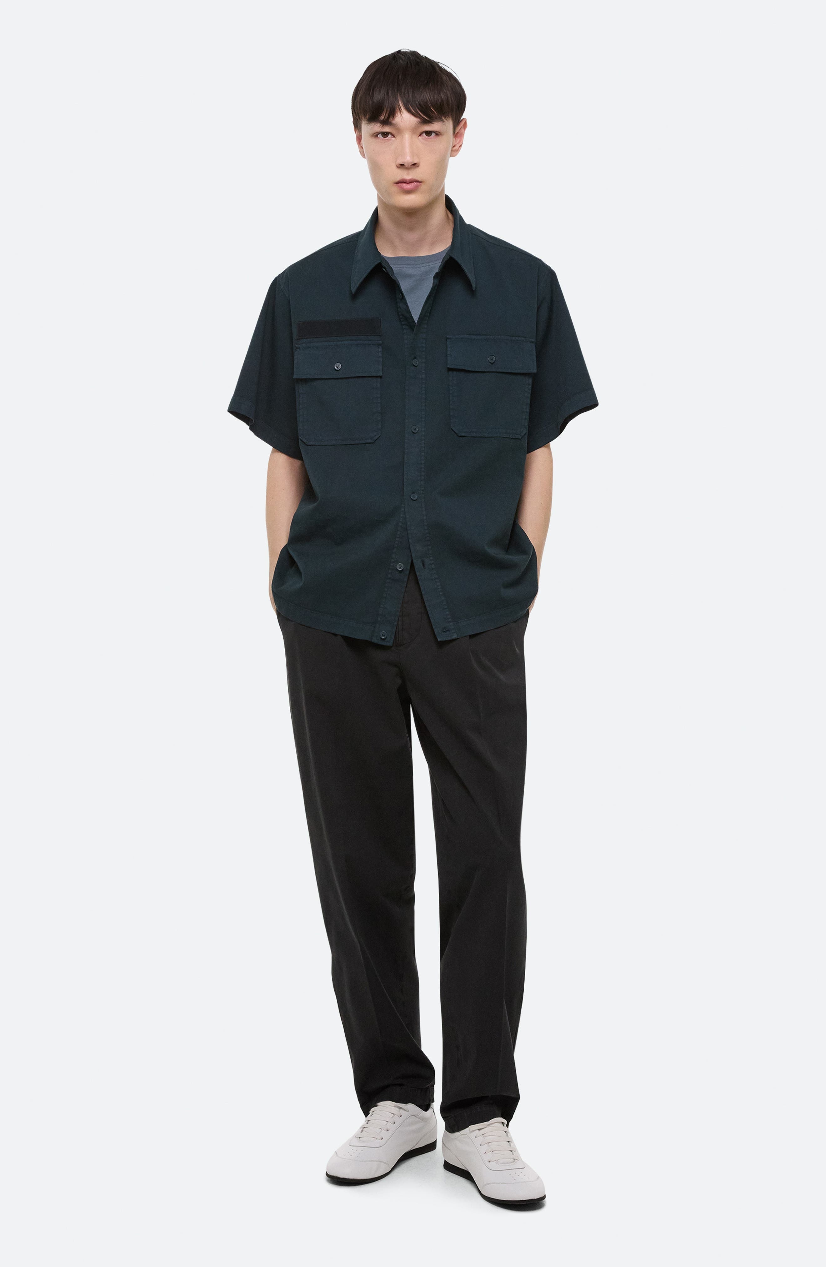 Helmut Lang GD Uniform Short Sleeve Stretch Twill Button Up Shirt in Pine at Nordstrom - 7