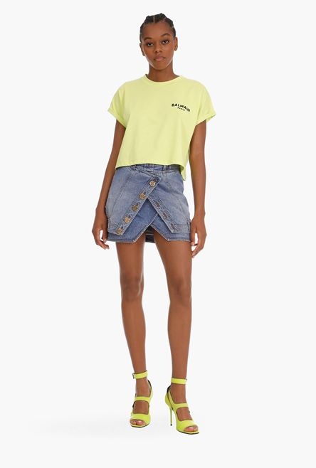 Cropped lime green cotton T-shirt with black flocked Balmain logo - 2