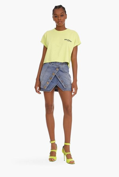 Balmain Cropped lime green cotton T-shirt with black flocked Balmain logo outlook