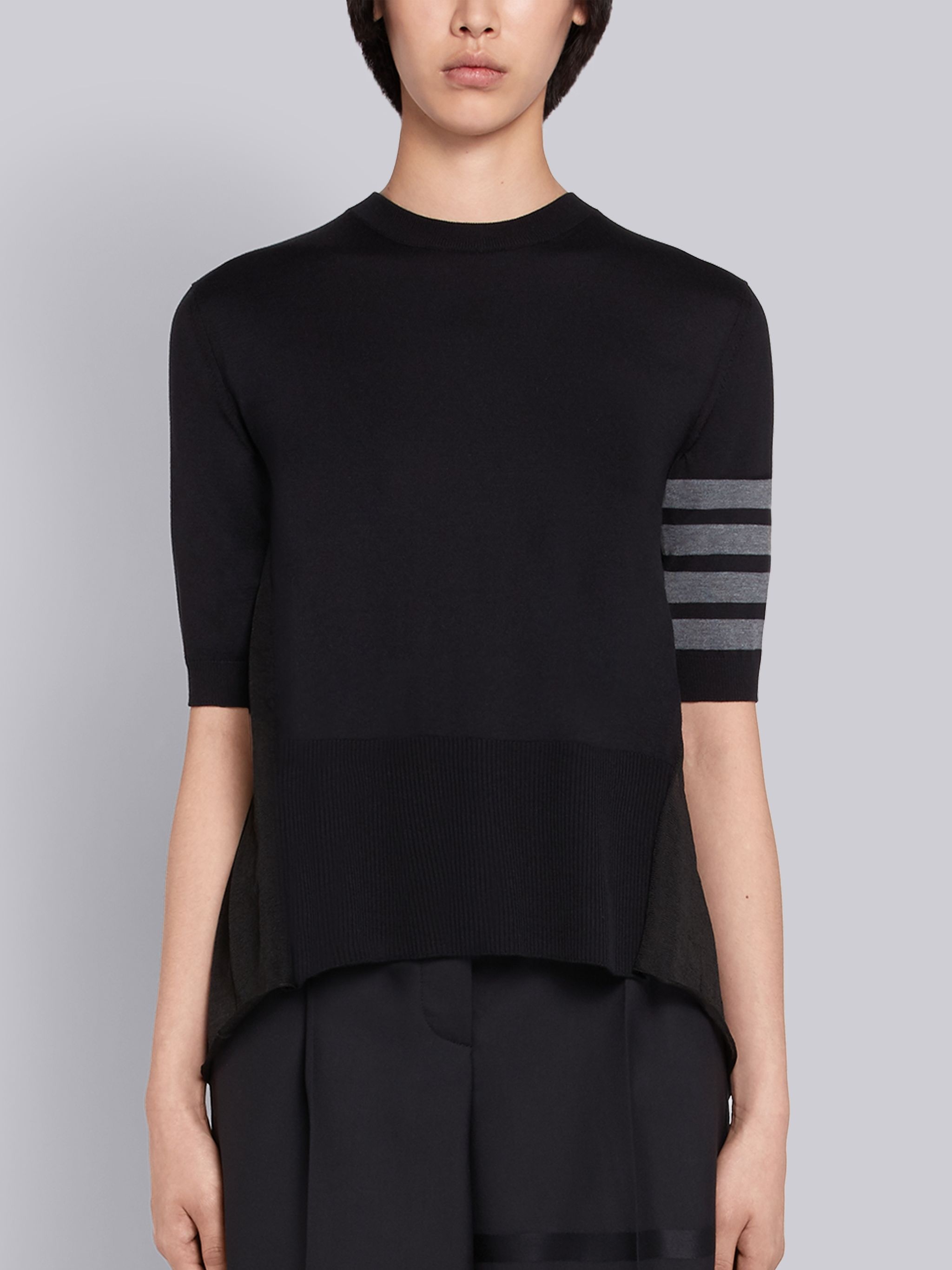 Black Silk Cotton Blend Sheer Pleated Back 4-Bar Stripe Tee - 1