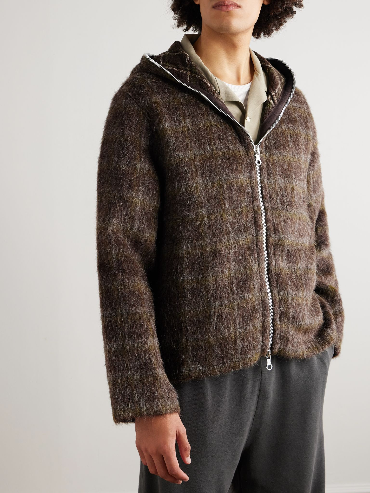 Checked Brushed-Knit Zip-Up Hoodie Brown - 3