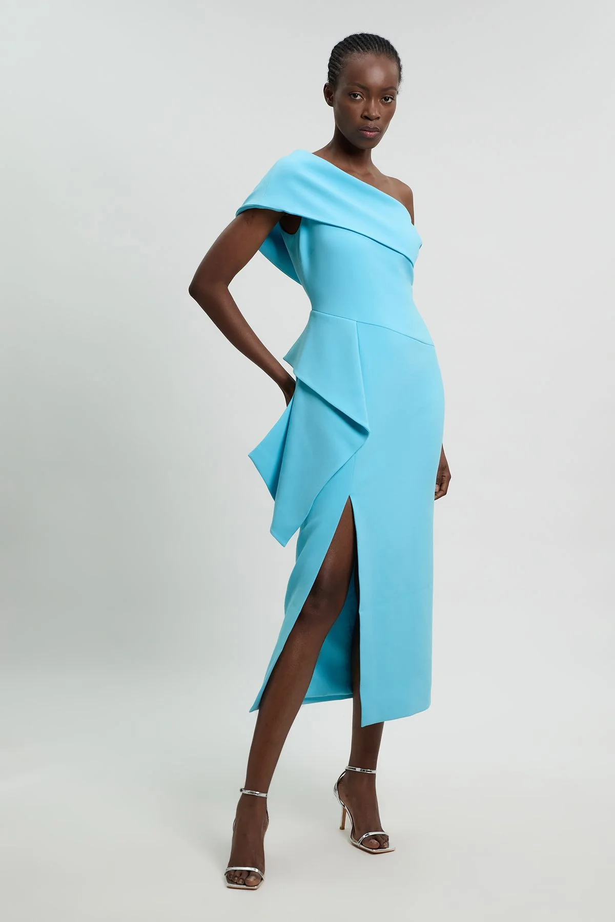 Compact Stretch Ruffle Detail Asymmetric Pencil Dress - 1