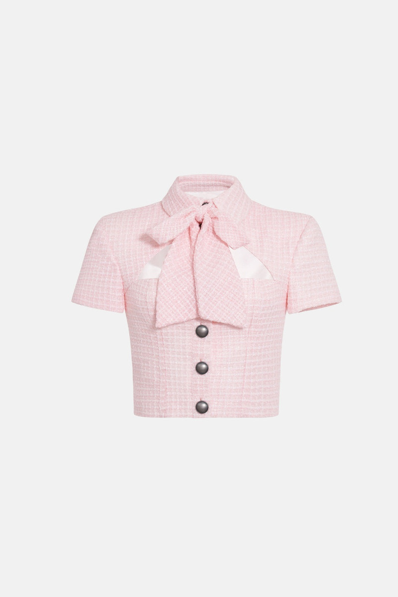 SEQUIN CHECKED TWEED CROPPED JACKET WITH BOW - 1